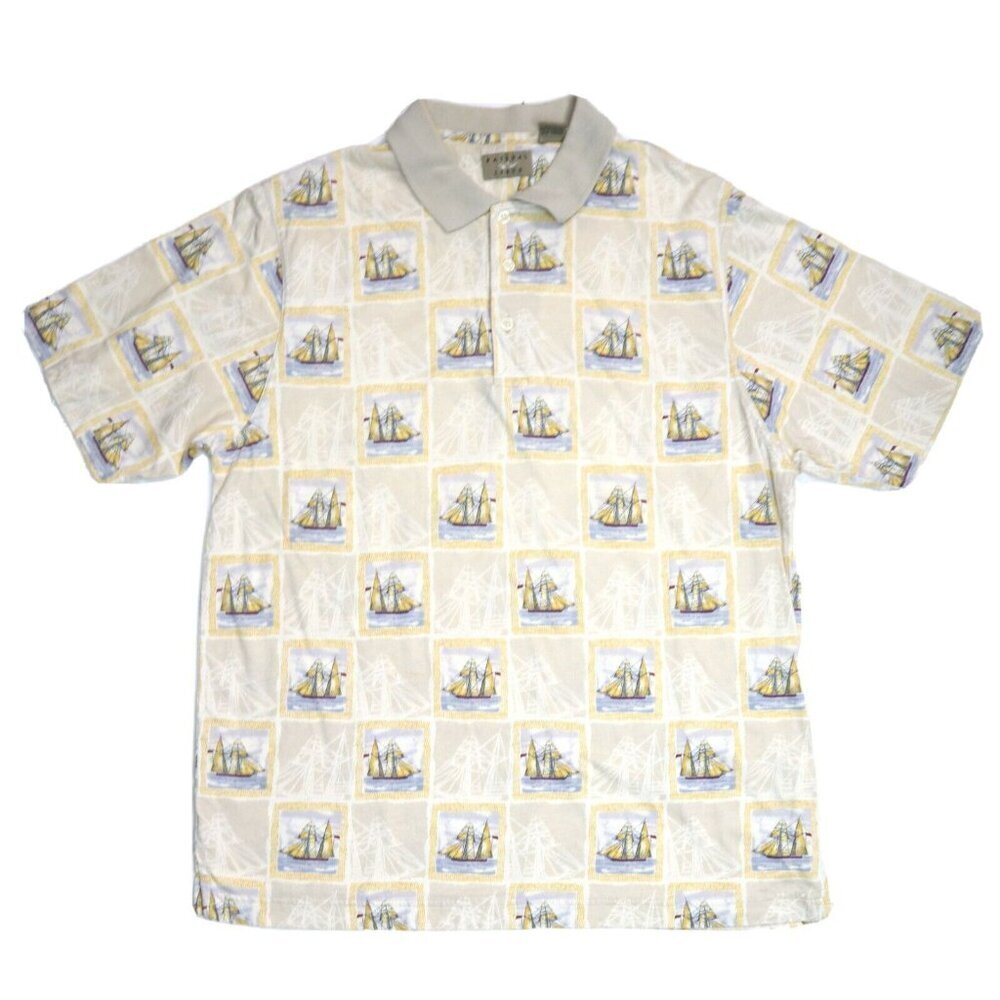 VINTAGE BEIGE YELLOW SAILBOAT SAILING PRINT POLO SHIRT NATURAL ISSUE - SIZE L